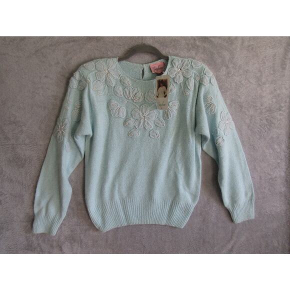 Vintage Jaclyn Smith Angora Silk Floral Beaded Sweater Medium Blue Pullover 90 - Picture 1 of 7